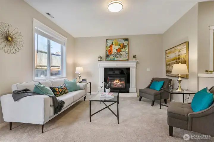 Main living space with large west facing windows