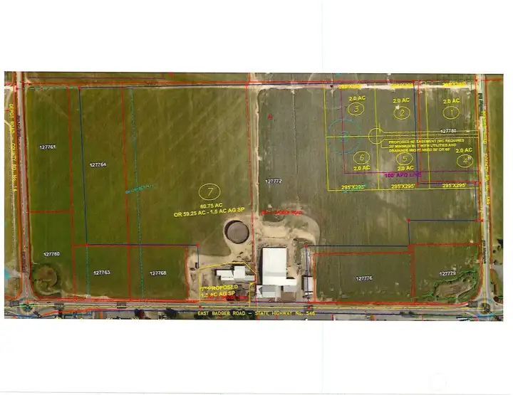 Take advantage of a great opportunity to create 6 additional residential lots in the highly regarded Lynden School district.  Currently, the sellers are in the process of accomplishing an AG Shot Plot.  This map shows the concept of what can be accomplished with lot line adjustments.