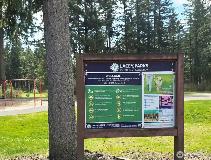 Nearby Lacey Park with playground, gazebo, basketball court, picnic area, restrooms and space to play.