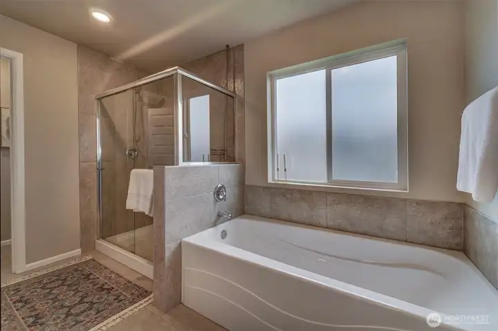 Large soaking tub and separate enclosed glass shower.