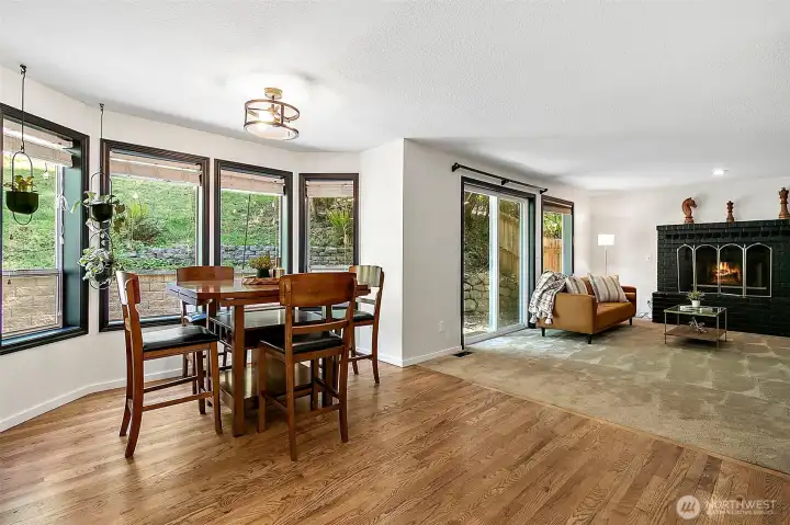 Kitchen flows into living room.