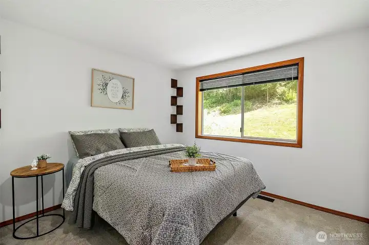 Spacious bedroom with backyard views.