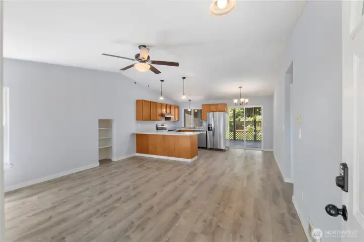Expansive living room/dining room/kitchen combination