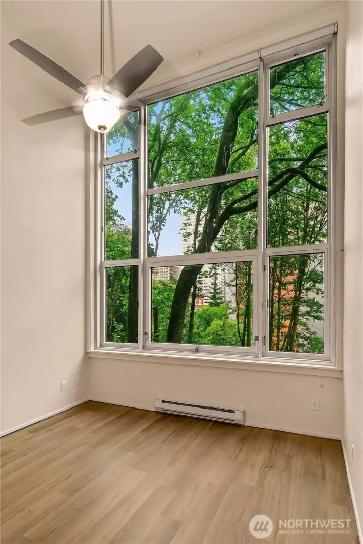 Dramatic window wall and filtered urban outlook