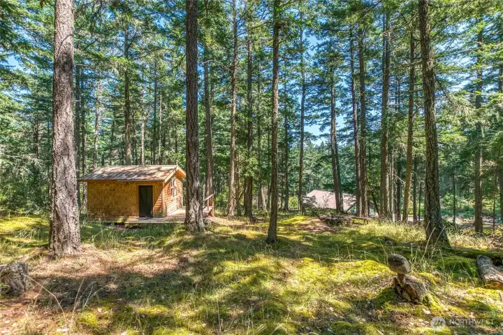 Studio cabin is nestled on a mossy knoll above the home. Studio cabin is nestled on a mossy knoll above the home.