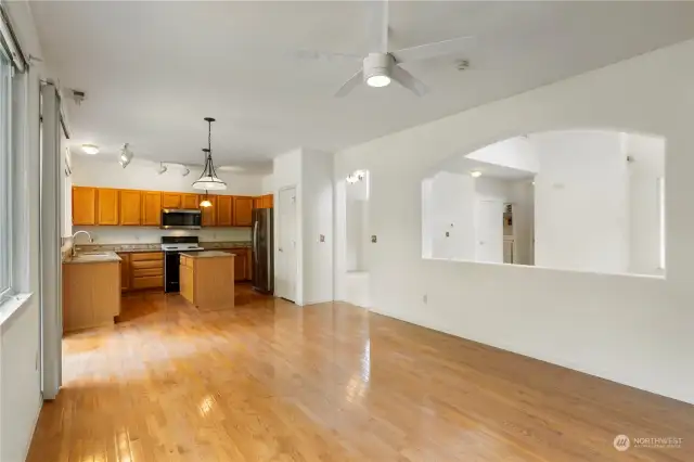 Large kitchen boasts a great sized pantry and island, all with granite countertops.