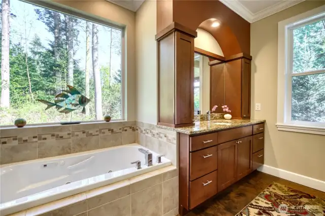 Gorgeous view of outside from the jetted soaker tub, beautiful cabinetry in the primary bathroom.
