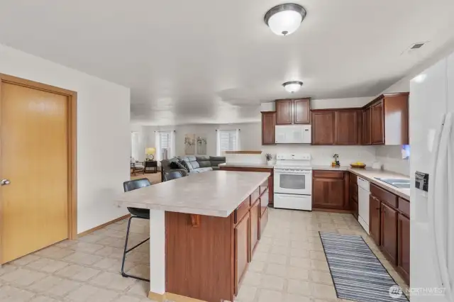 Kitchen from the dining area.  Door on the left is to the pantry.