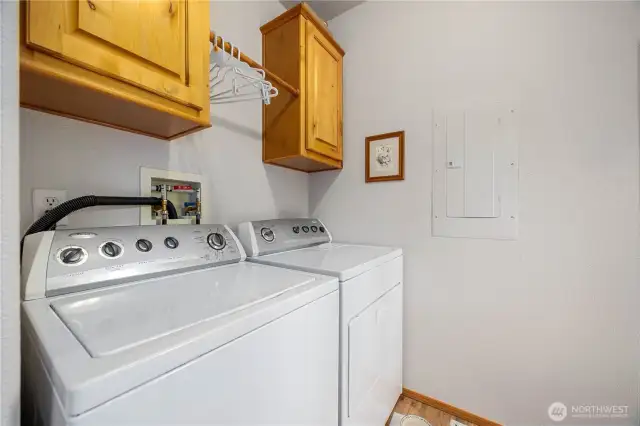 Laundry room is located past the kitchen opposite the rear door way.
