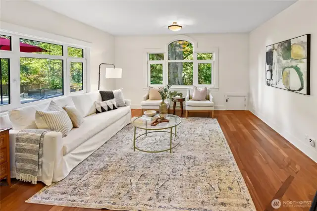 Living room with inlaid cherry floor