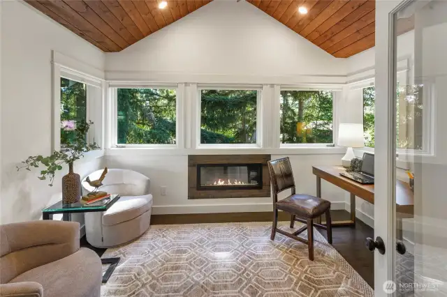 At the top of the stairs. . . this newly added luxurious office space complete with fireplace, vaulted ceiling and multiple windows