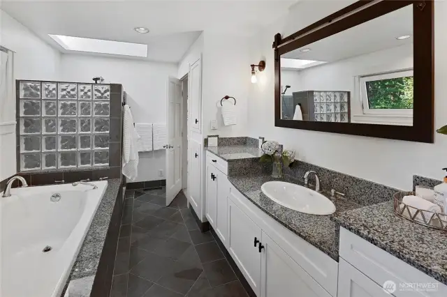 Spa inspired stylish primary bath with skylight