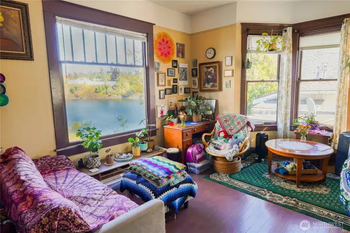 Nice sized living with water views throughout