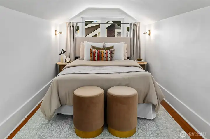 Large upstairs bedroom with additional space behind the camera and a large hall closet. Add a bathroom, dormer or your future dream primary suite?