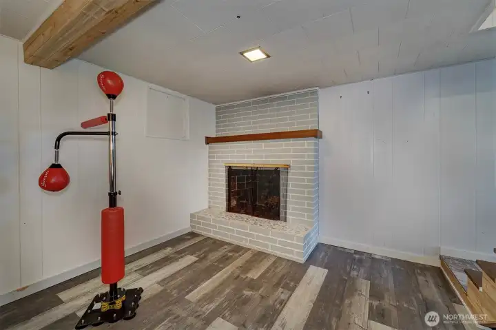 It even comes with a wood-burning fireplace.