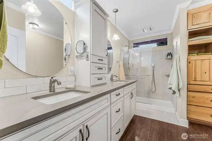 New Primary Bath quartz bath with double sinks and walk-in shower.