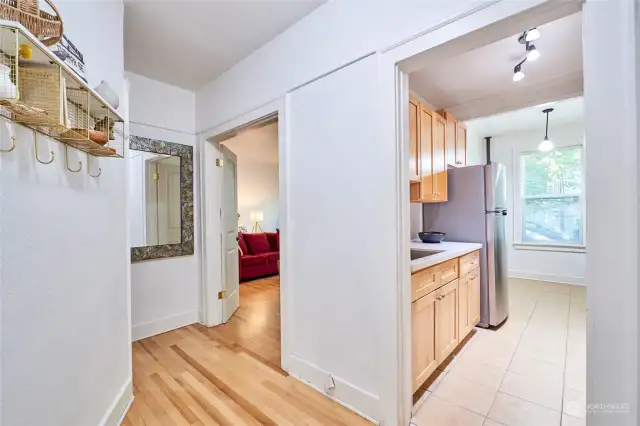 Entry into one-bedroom condo unit with plenty of additional storage.