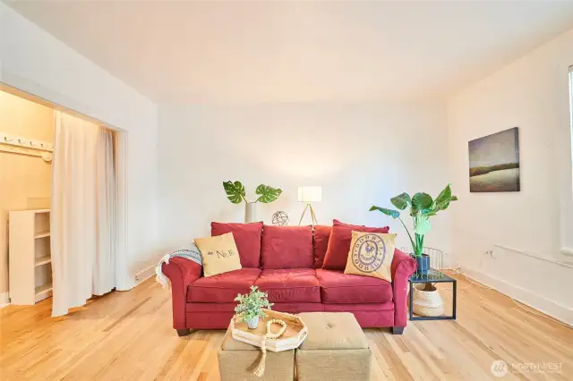 Spacious living room with large closet could easily convert to office or twin bedroom.