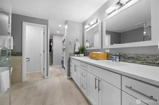 Gorgeous spa-inspired primary bathroom with heated floors