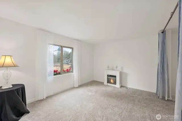 Main bedroom has large double-size closet, bright light from the window, and this cute electric fireplace can stay for a touch of cozy.