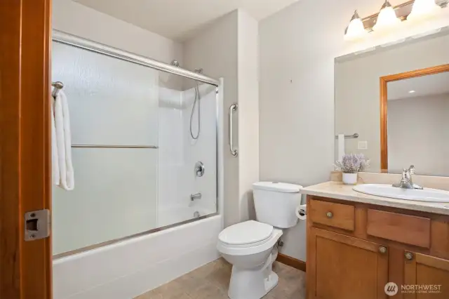 There is a full bath on the lower floor just off the family room.