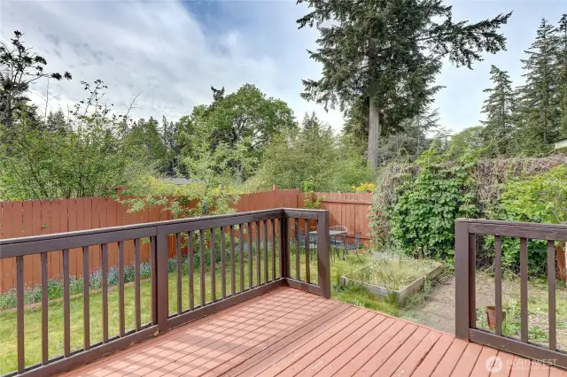 Steps down at side of deck lead to raised garden bed, patio, and fully fenced yard.