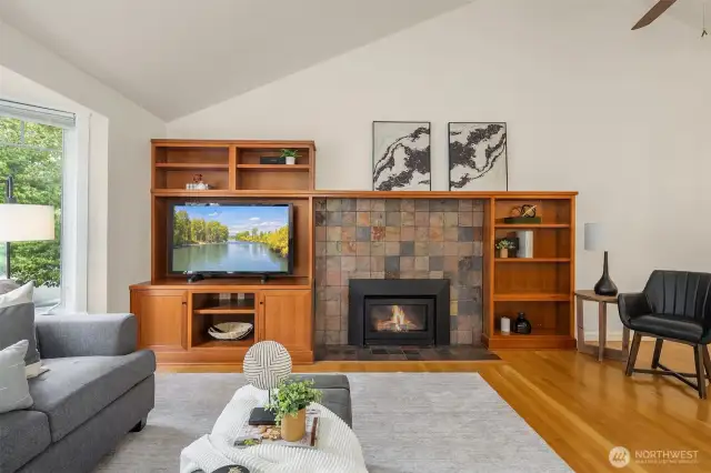 Living room with gas fireplace, built ins