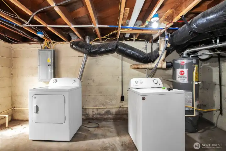 Utility room in unfinished basement, with gas water heater and furnace,
