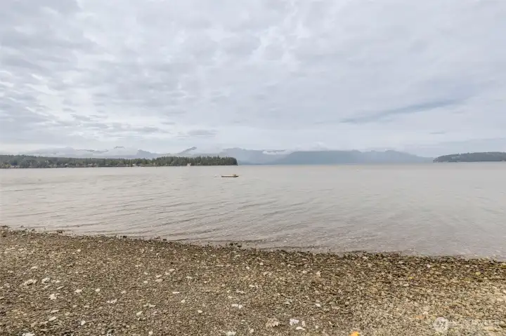 On the shore looking straight forward.