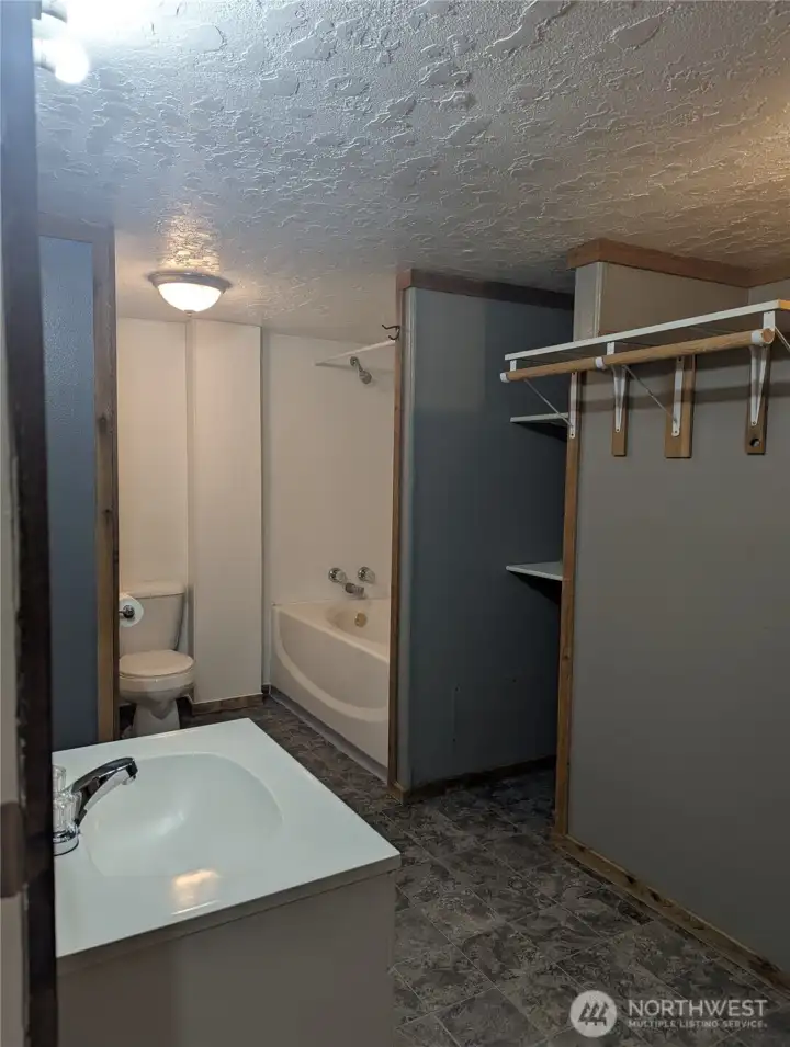 Main bathroom with laundry space