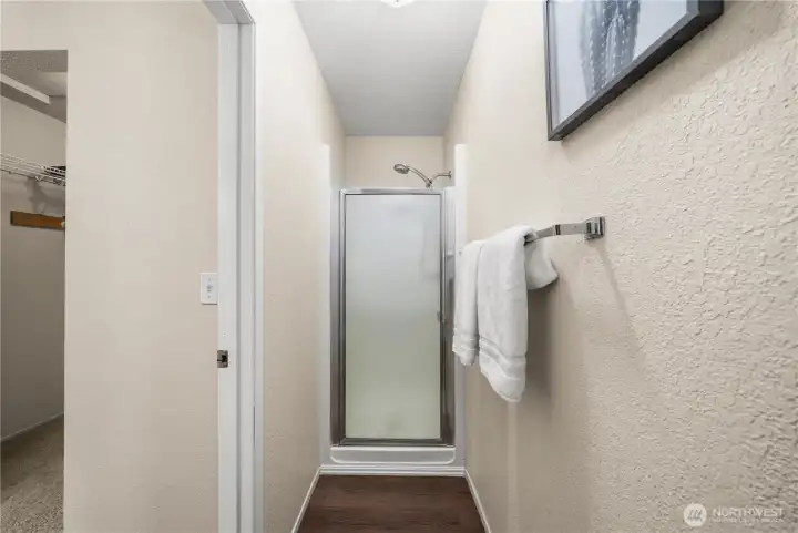 Step-in glass shower located in the primary bathroom.