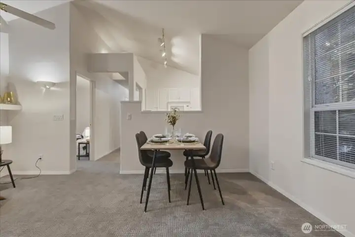 Dining area, vaulted ceilings, w2w carpet