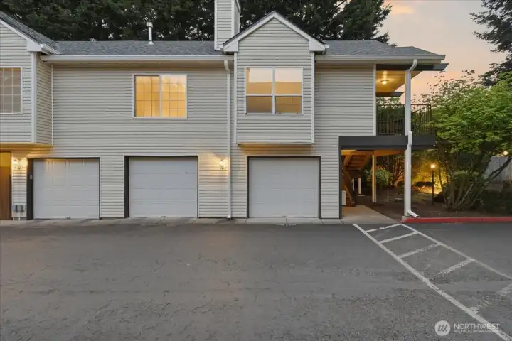 Exterior, garage & covered stairs & balcony