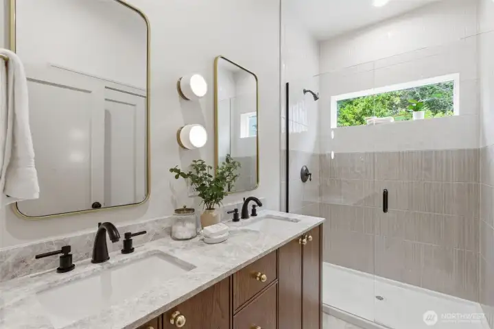 Dual vanity sinks and walk in shower