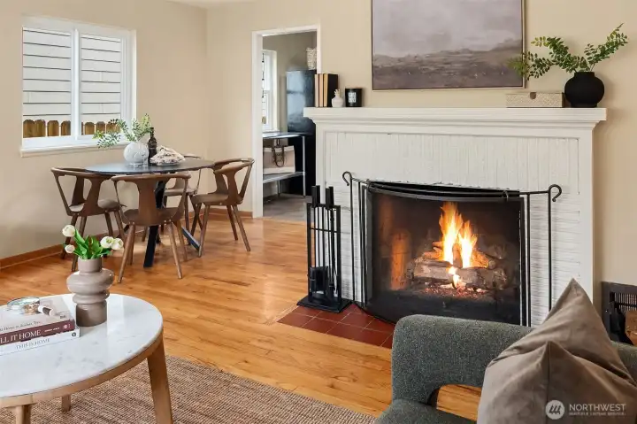 A wood burning fireplace warms the soul on those cool Seattle nights.