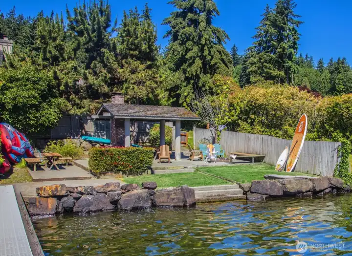 Community Beach, dock with assigned moorage and cabana.