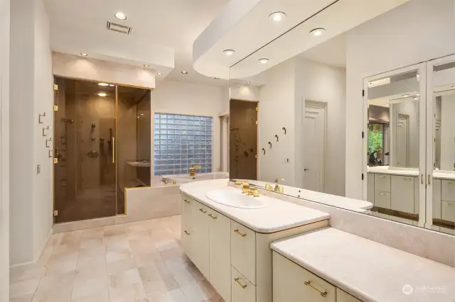 Primary bath with dual walk in closets, sprawling counter space and more