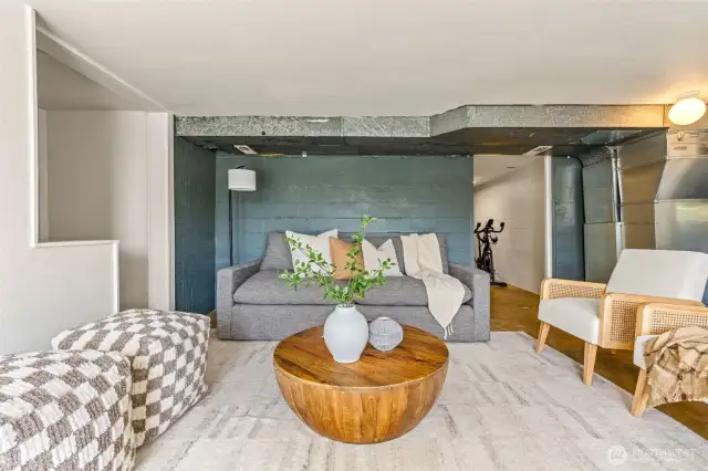 The lower level of this home is a complete bonus! This flex space has been used as a mini-suite, for sleeping and guests.  Currently it's a hang-out space and a place to work out!