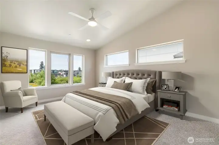 Primary bedroom, staged photo of a different unit but the same Cypress model for reference only.