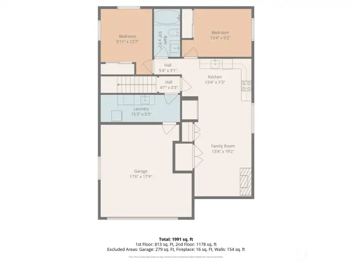 Lower level floor plan featuring a spacious family room, full kitchen, two bedrooms, a full bath, dedicated laundry room, and interior access to the garage—offering flexible living with ADU potential.