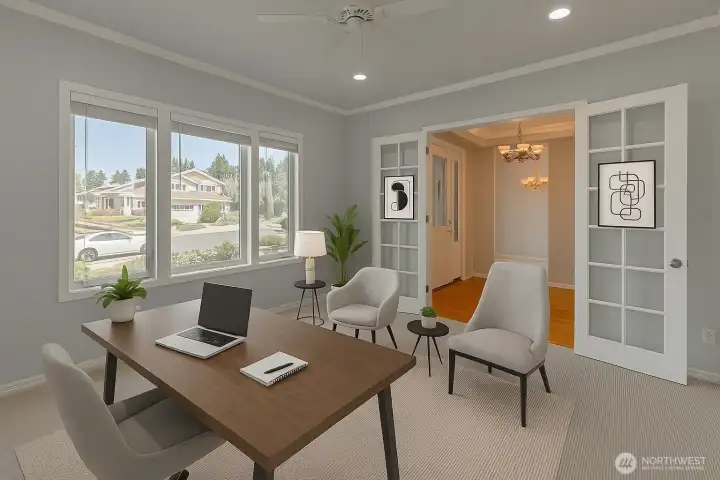 Virtually staged.  Office/den with French doors.
