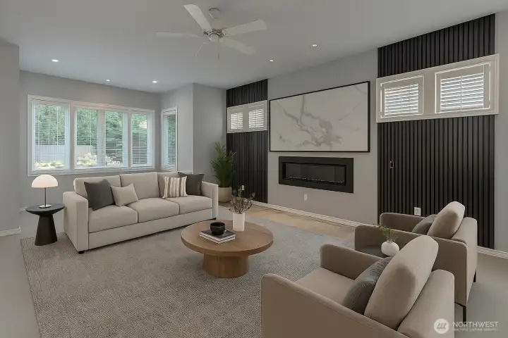 Virtually staged. Sophisticated living room with wall accents and a fireplace that provides a classic focal point.