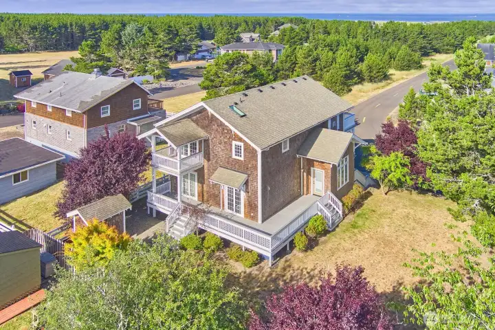 An elevated perspective reveals the home's thoughtful design, generous lot size and proximity to the beach.