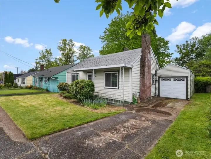 Front, exterior, street-level, garage