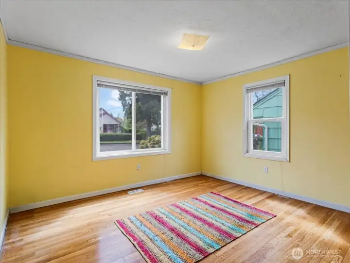 Primary bedroom, hardwood floors, large closet