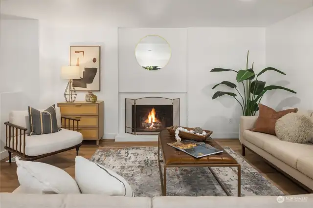 The fireplace serves as a warm and inviting focal point.