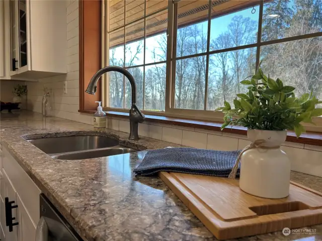 Kitchen is has granite counters and plenty of counter space.