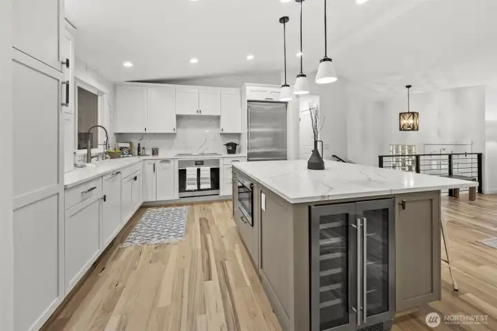 Carrara Marble Countertops & FULL Height Backspash w/Wine Fridge