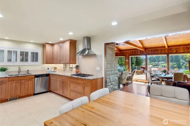 You will want for nothing in this beautifully remodeled kitchen. Custom reclaimed Madrona wood table shown in the foreground. Views of the lake from here!