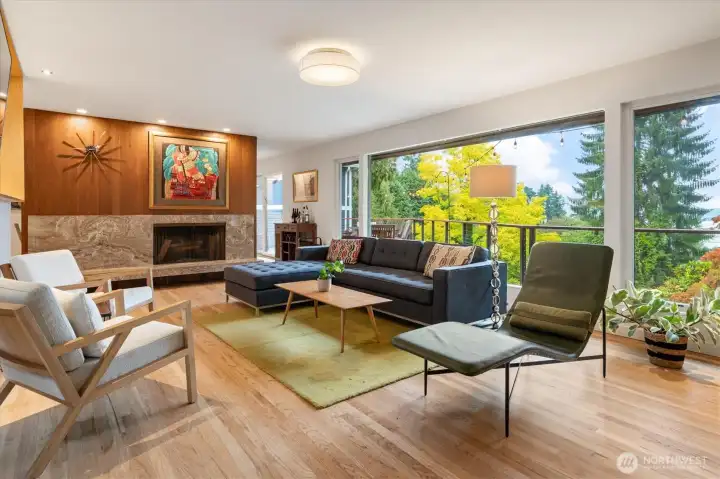 The midcentury design really shows through in the living room.